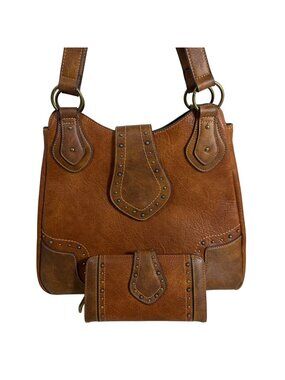 Justin Western Carry Handbag Dual Zippered Pockets Studded Shoulder Bag + Wallet